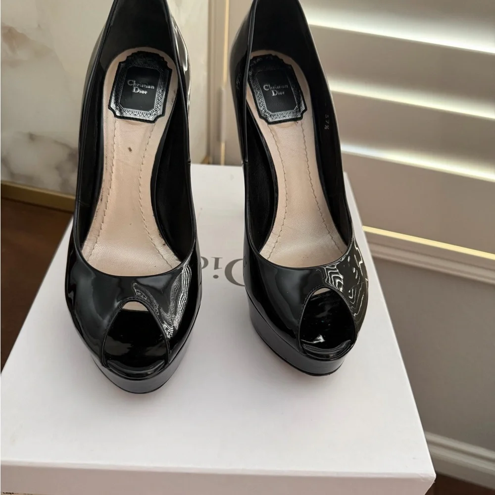 Dior Miss Dior Patent Black Peep-Toe Heels - Picture 1 of 5